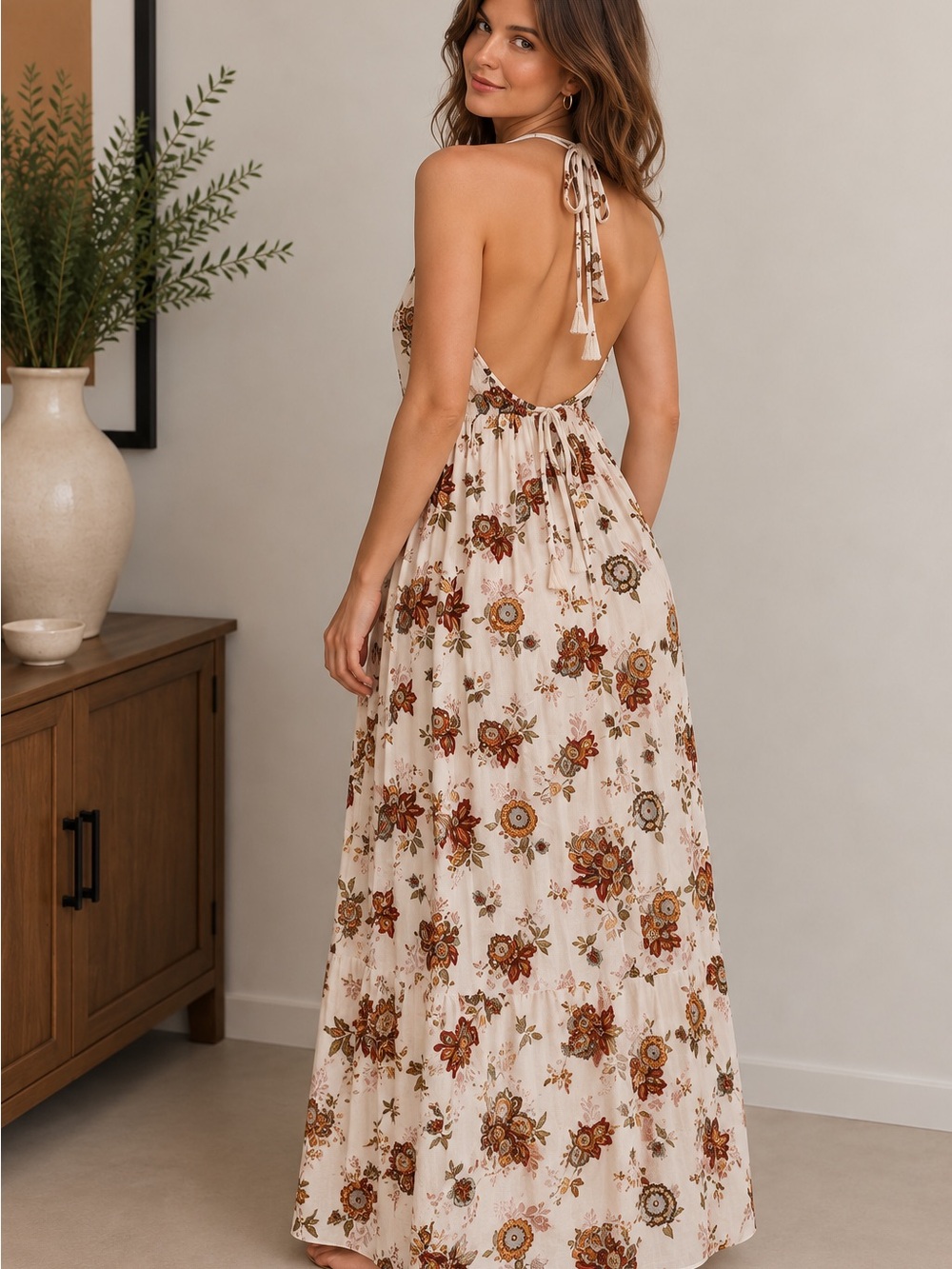 Cozy Casual Cream Floral Backless Halter Maxi Dress